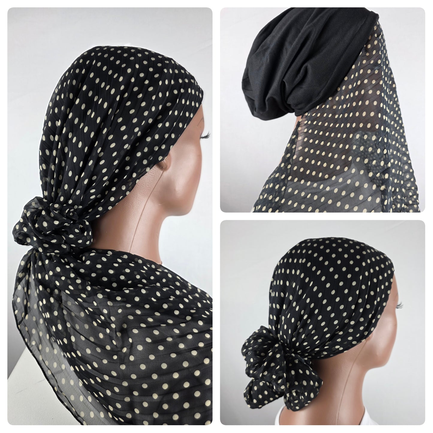 Mini voile - ABBY- mini hijab avec bonnet intégré + chouchou - Motifs pois divers coloris